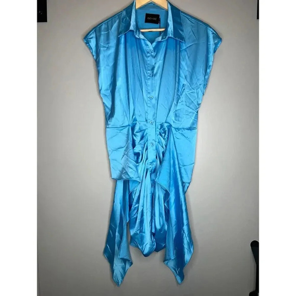NEW DO + BE Blue satin collar dress tie front ruched mini party size MEDIUM - Picture 6 of 10